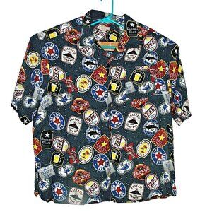 Beer Brand Theme All Over Print Button Up Shirt Mens 2X George Rayon Gray Party